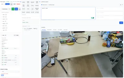 RobotApp dashboard showing live RGB-D camera feed, task plan execution, and skill registry.