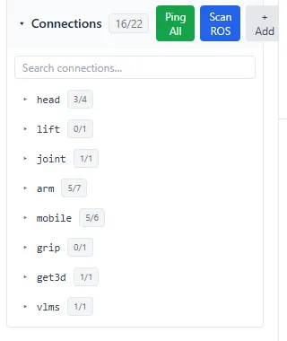 Device connections panel with ping all and ROS scan